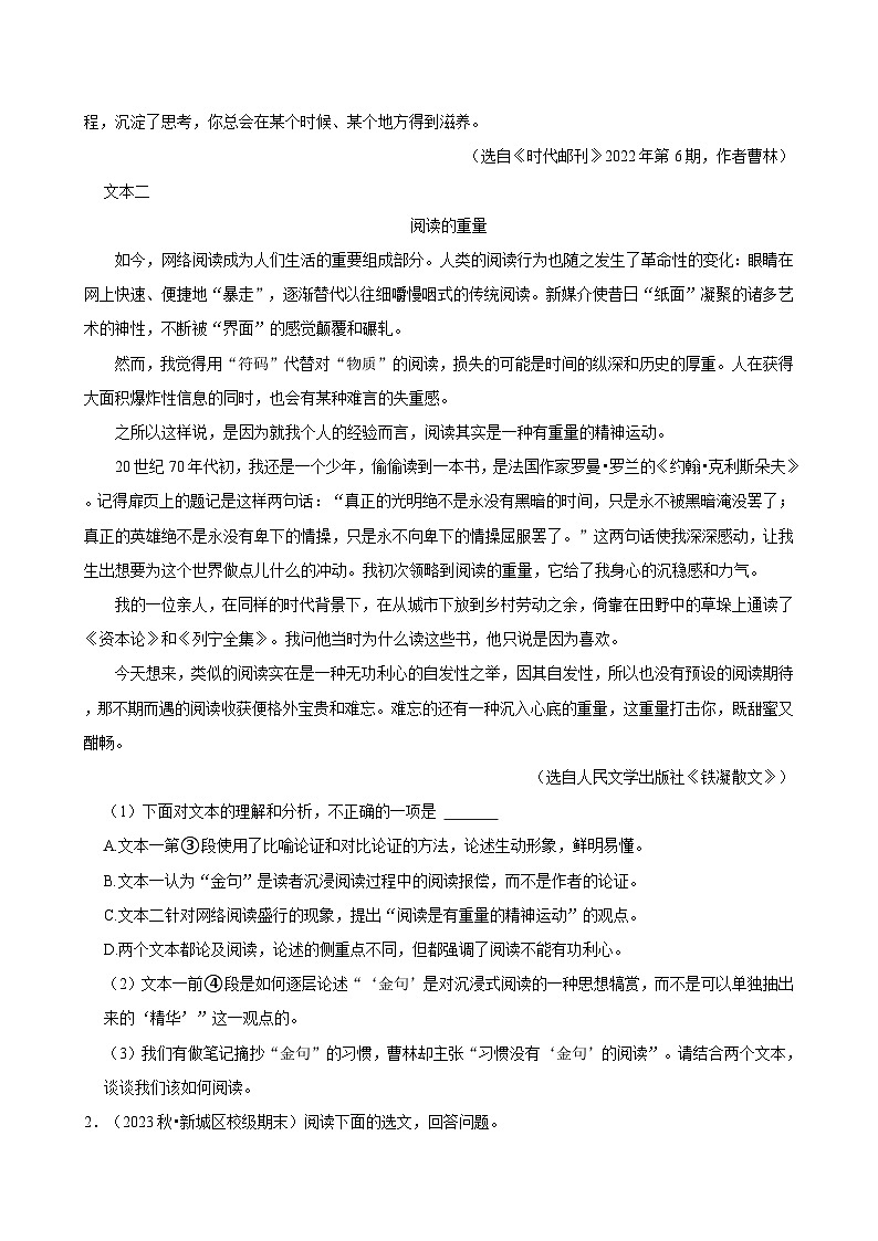 2024-2025学年上学期初中语文人教部编版九年级期末必刷常考题之议论文阅读练习第2页