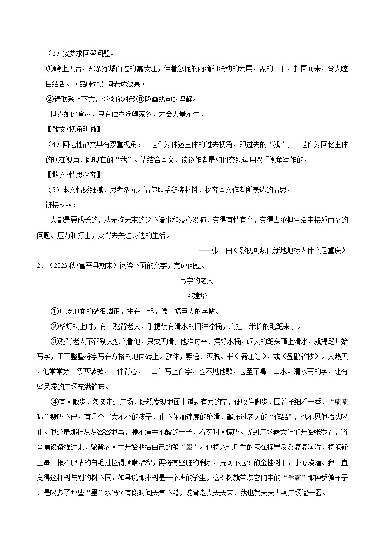 2024-2025学年上学期初中语文人教部编版九年级期末必刷常考题之记叙文阅读练习第3页