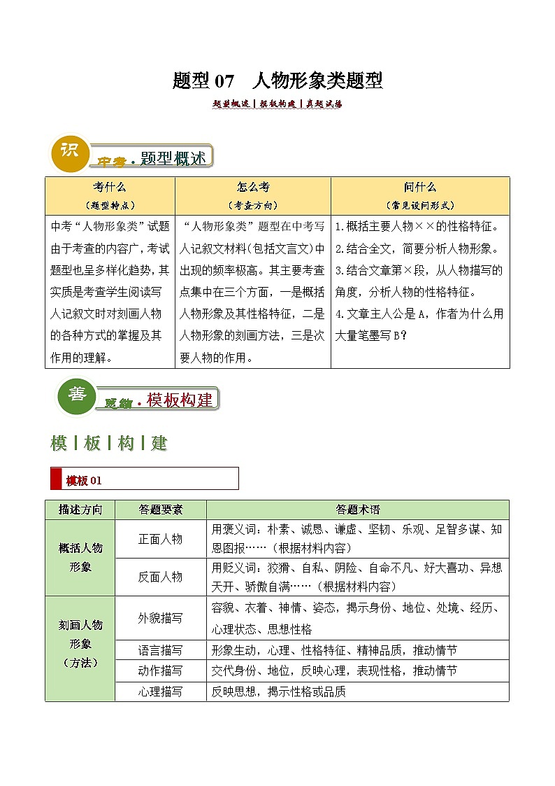 中考语文：题型07 人物形象类题型（答题模板）（解析版）Word（33页）第1页
