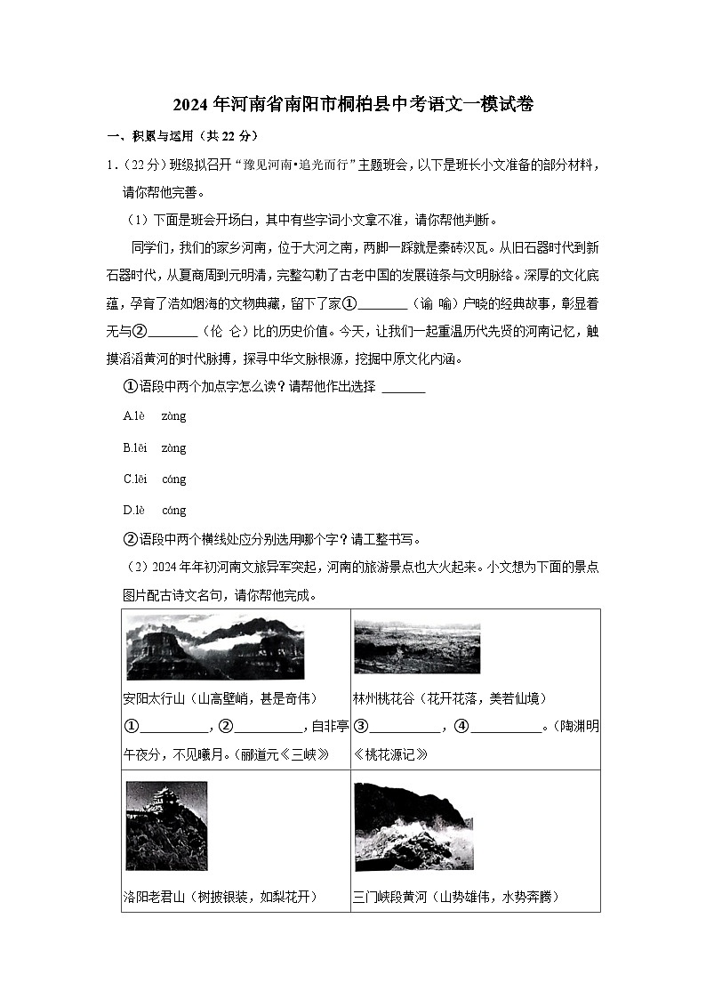 2024年河南省南阳市桐柏县中考语文一模试卷（含解析）第1页