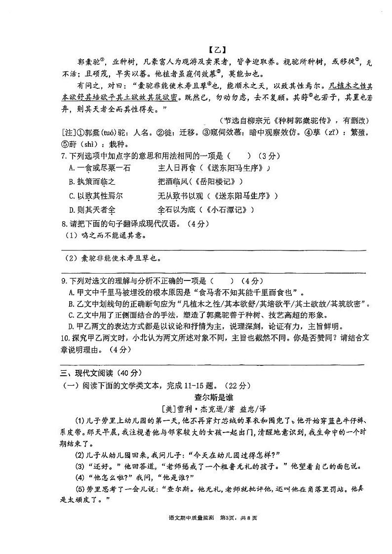重庆市南开中学校2024-2025学年九年级上学期期中考试语文试题第3页