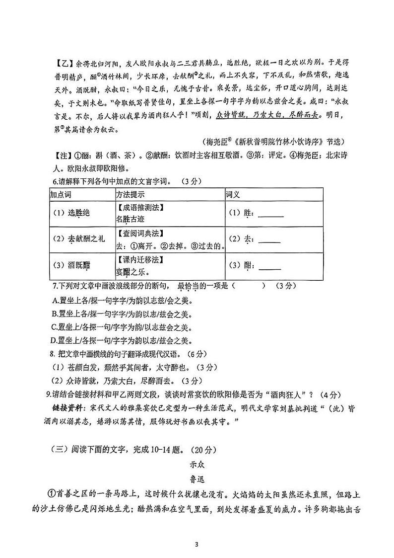 福建省厦门市双十中学2024-2025学年九年级上学期第二次月考语文试卷第3页