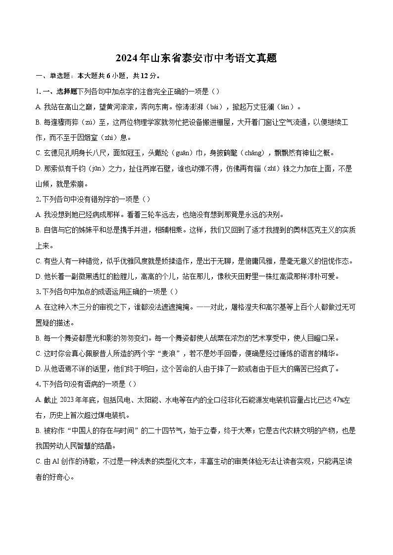2024年山东省泰安市中考语文真题(含详细答案解析)第1页