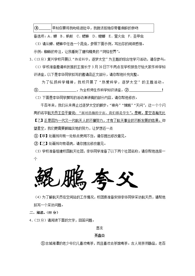 2024年安徽省阜阳市部分学校中考语文一模试卷（含解析）第2页