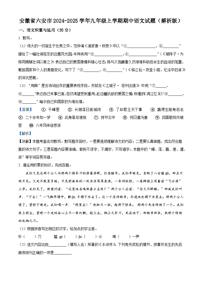 安徽省六安市2024-2025学年九年级上学期期中语文试题（解析版）第1页