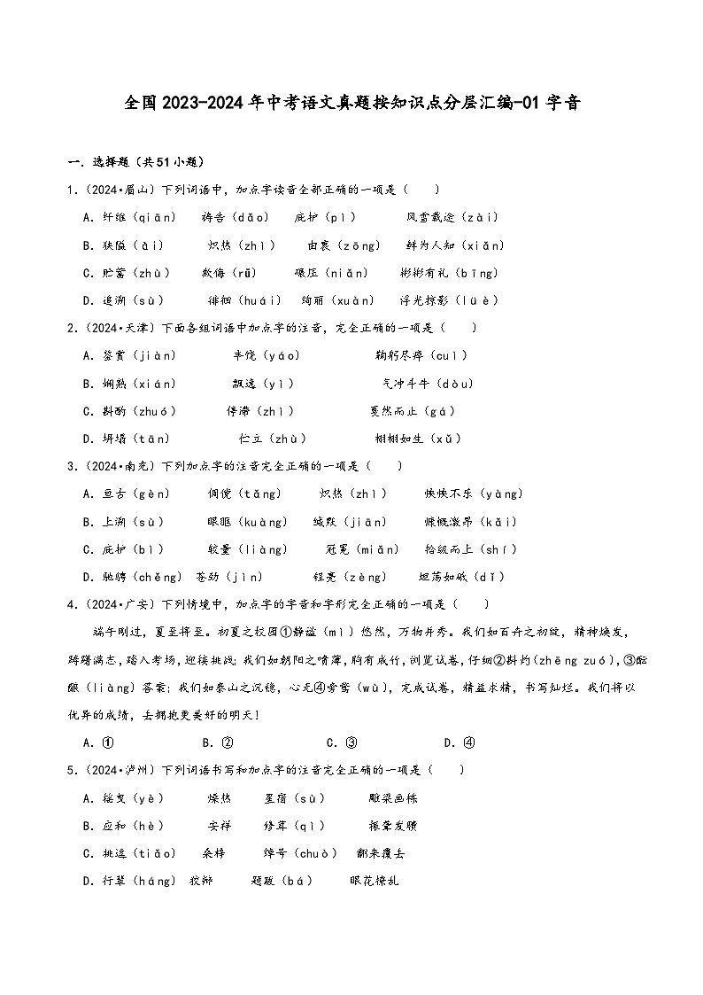 全国2023-2024年中考语文真题按知识点分层汇编-01字音第1页