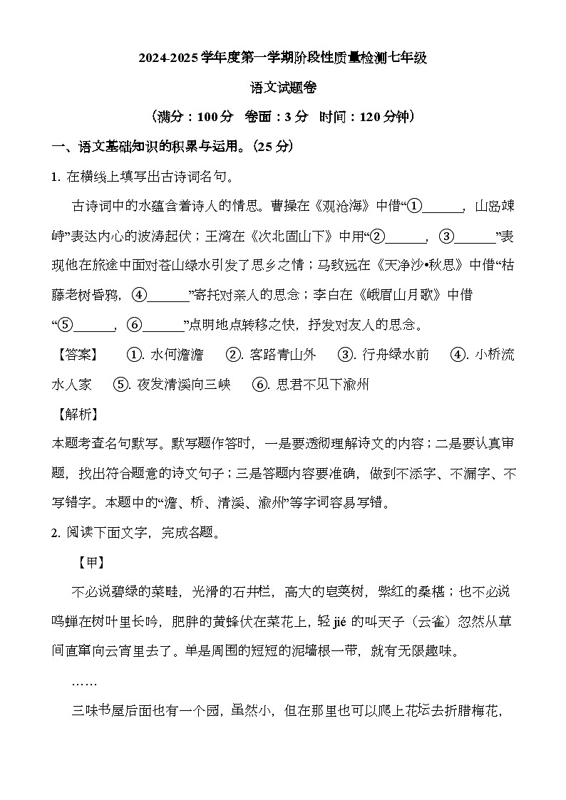 安徽省合肥市蜀山区琥珀教育集团2024-2025学年七年级上学期期中 语文试题（解析版）（含解析）第1页