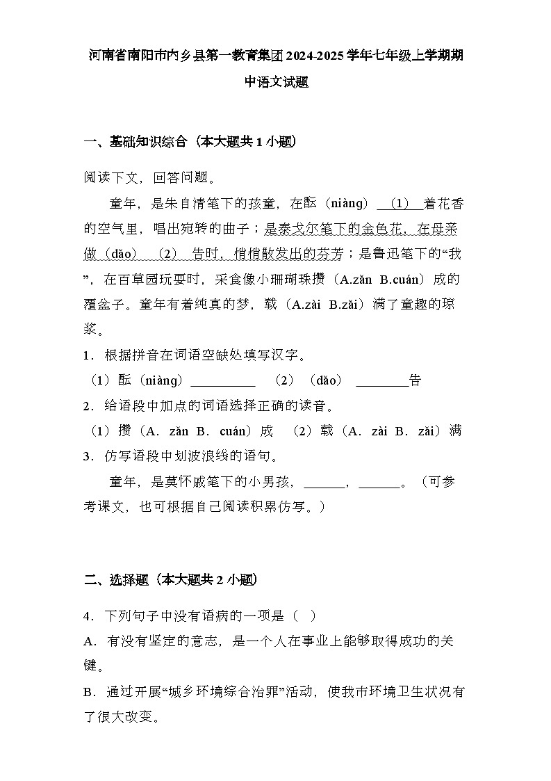 河南省南阳市内乡县第一教育集团2024-2025学年七年级上学期期中 语文试题（含解析）第1页