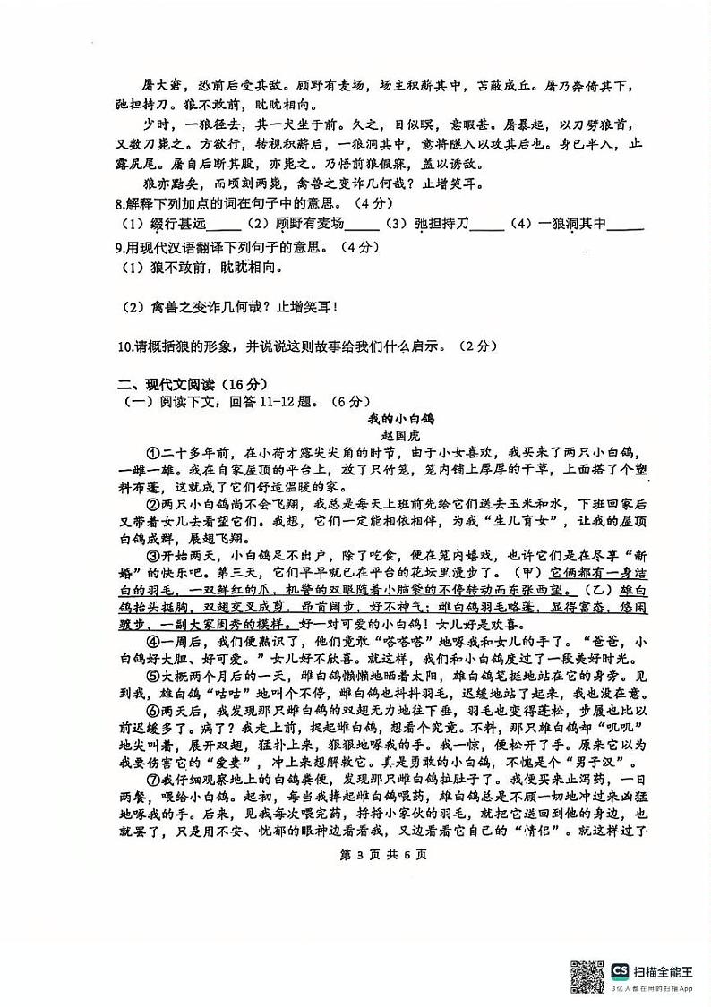 河北省石家庄市第四十八中学2024-2025学年七年级上学期12月月考语文试题第3页