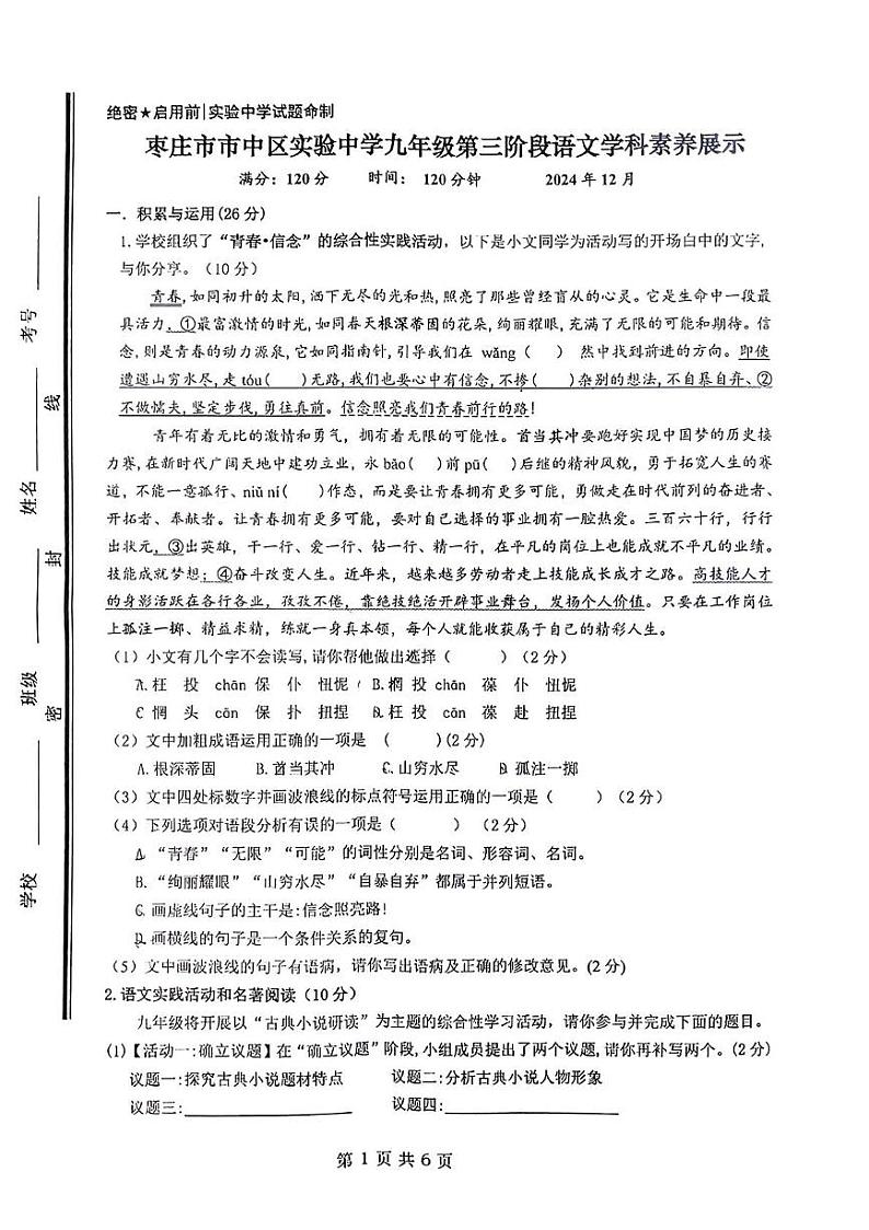 山东省枣庄市市中区实验中学2024-2025学年九年级上学期12月月考语文试题第1页