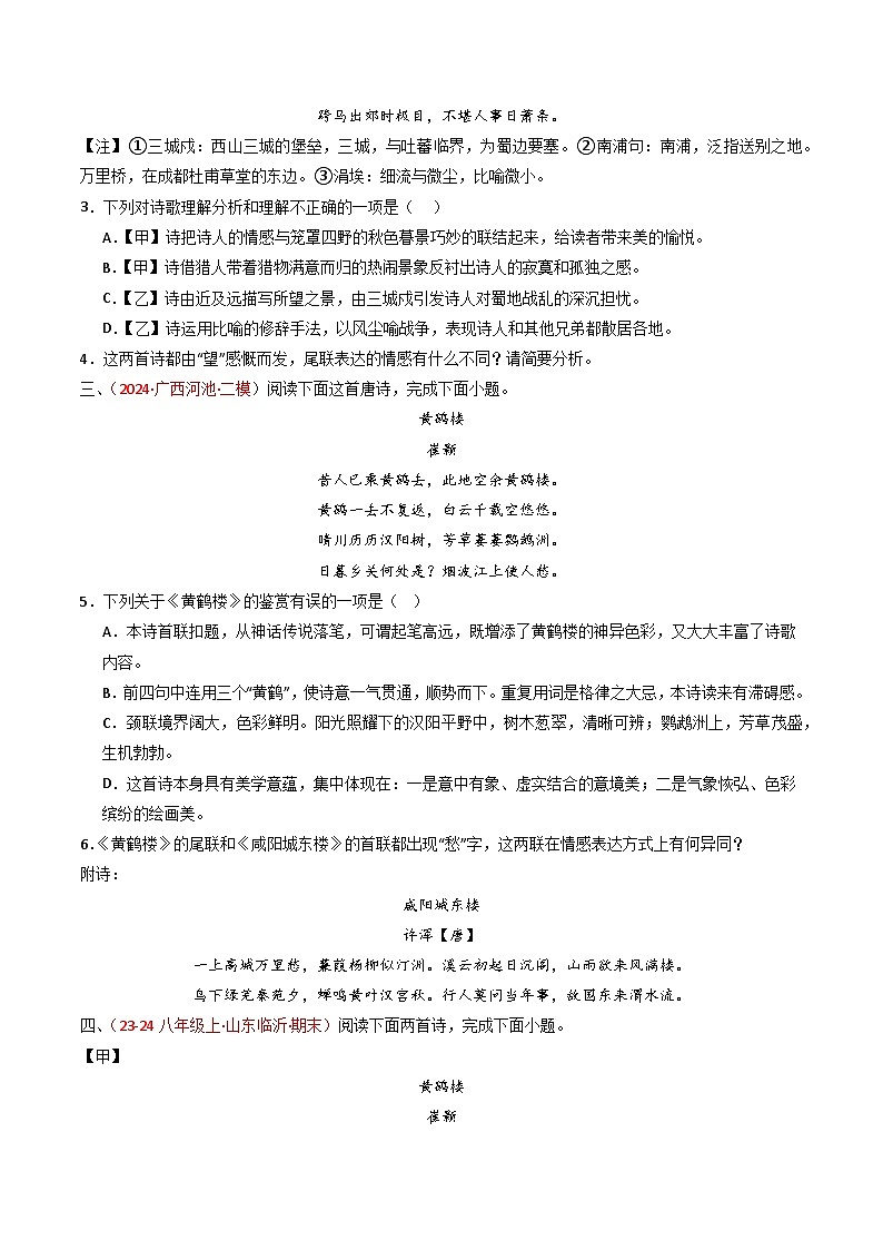 专题22：八上古诗词对比阅读精练-备战2025年中考语文一轮复习古代诗歌阅读（全国通用）原卷版第2页