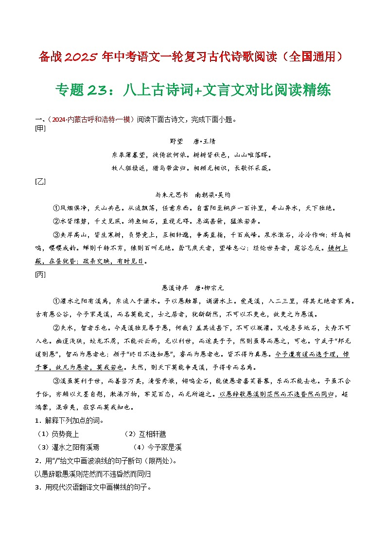 专题23：八上古诗词+文言文对比阅读精练-备战2025年中考语文一轮复习古代诗歌阅读（全国通用）解析版第1页