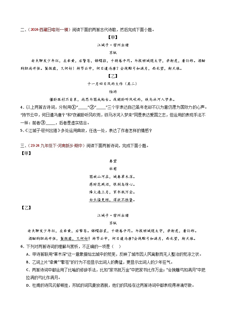 专题28：九下古诗词对比阅读精练-备战2025年中考语文一轮复习古代诗歌阅读（全国通用）原卷版第2页
