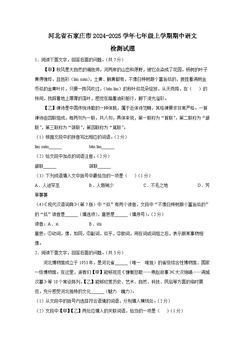 河北省石家庄市2024-2025学年七年级上册期中语文检测试题（附答案）第1页