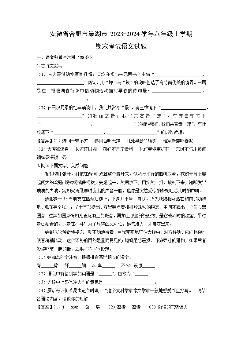 安徽省合肥市巢湖市2023-2024学年八年级(上)期末语文试卷（解析版）第1页