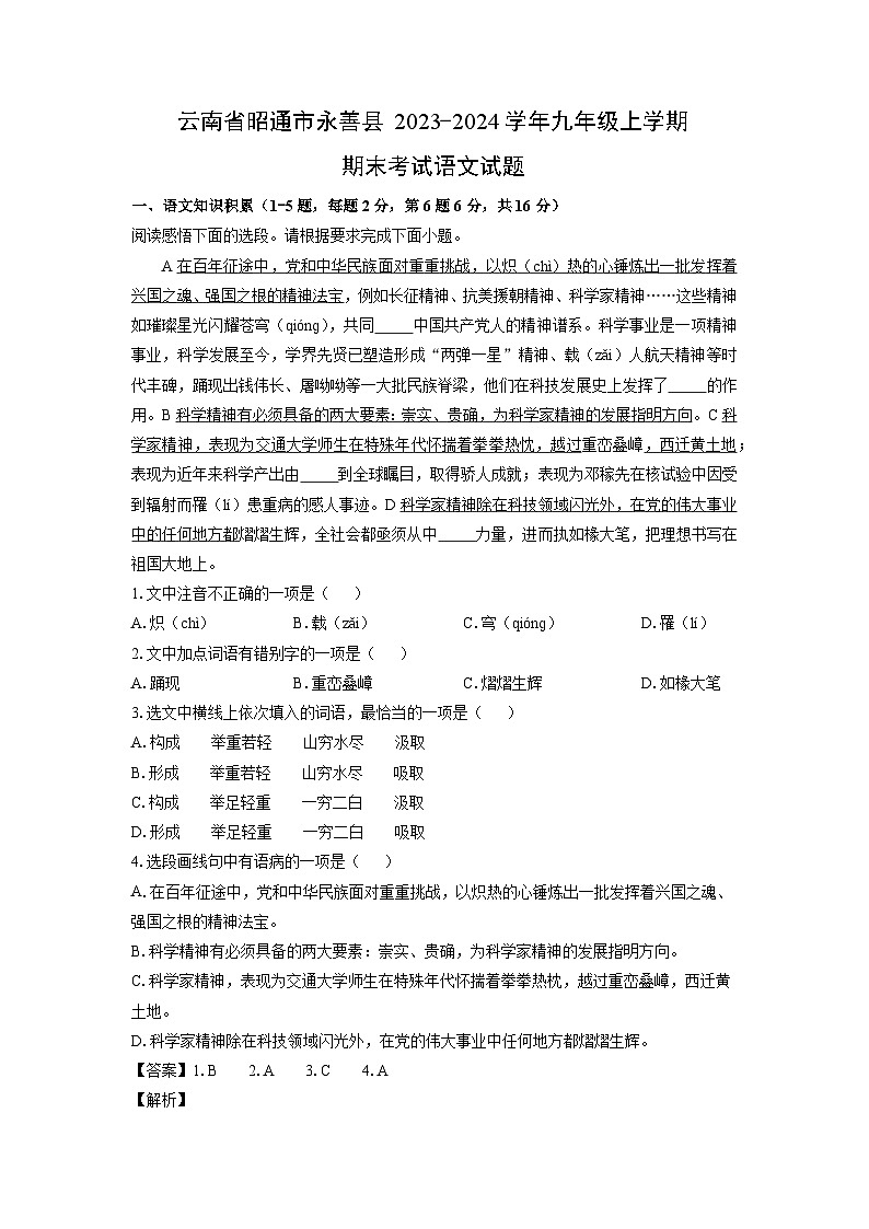 云南省昭通市永善县2023-2024学年九年级（上）期末考试语文试卷（解析版）第1页
