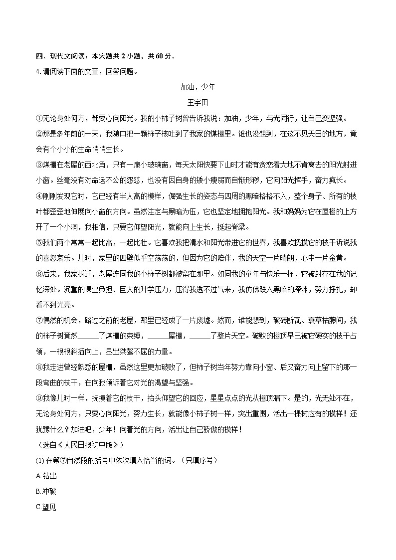 2023-2024学年安徽省安庆市七年级（上）期末语文试卷（含详细答案解析）第3页