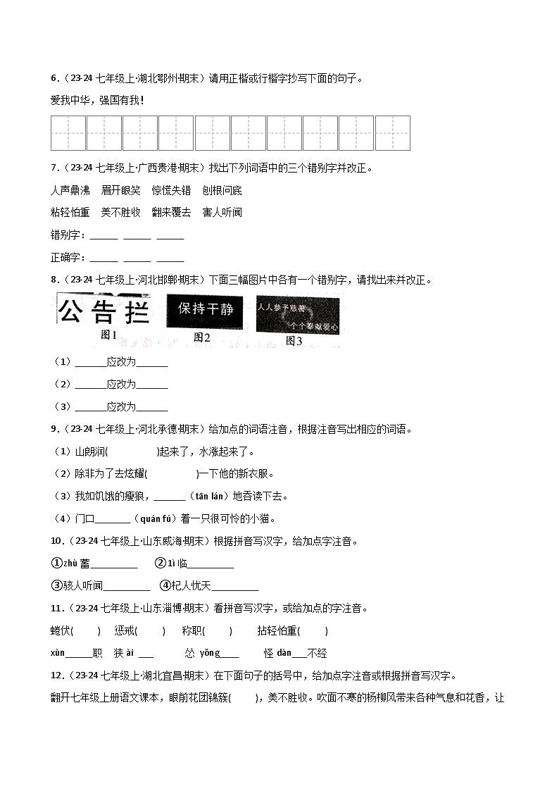 专题01 字音字形（原卷版）2024-2025学年七年级语文上学期期末真题分类汇编第2页