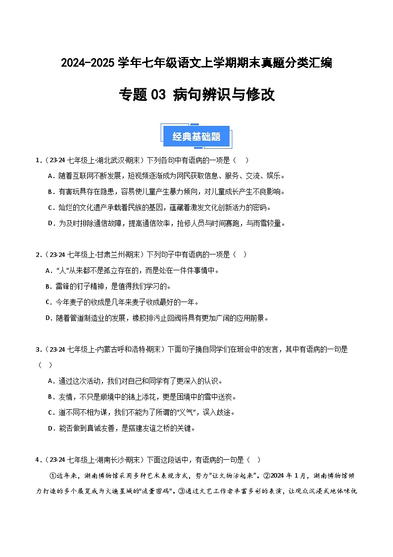专题03 病句辨识与修改（原卷版）2024-2025学年七年级语文上学期期末真题分类汇编第1页