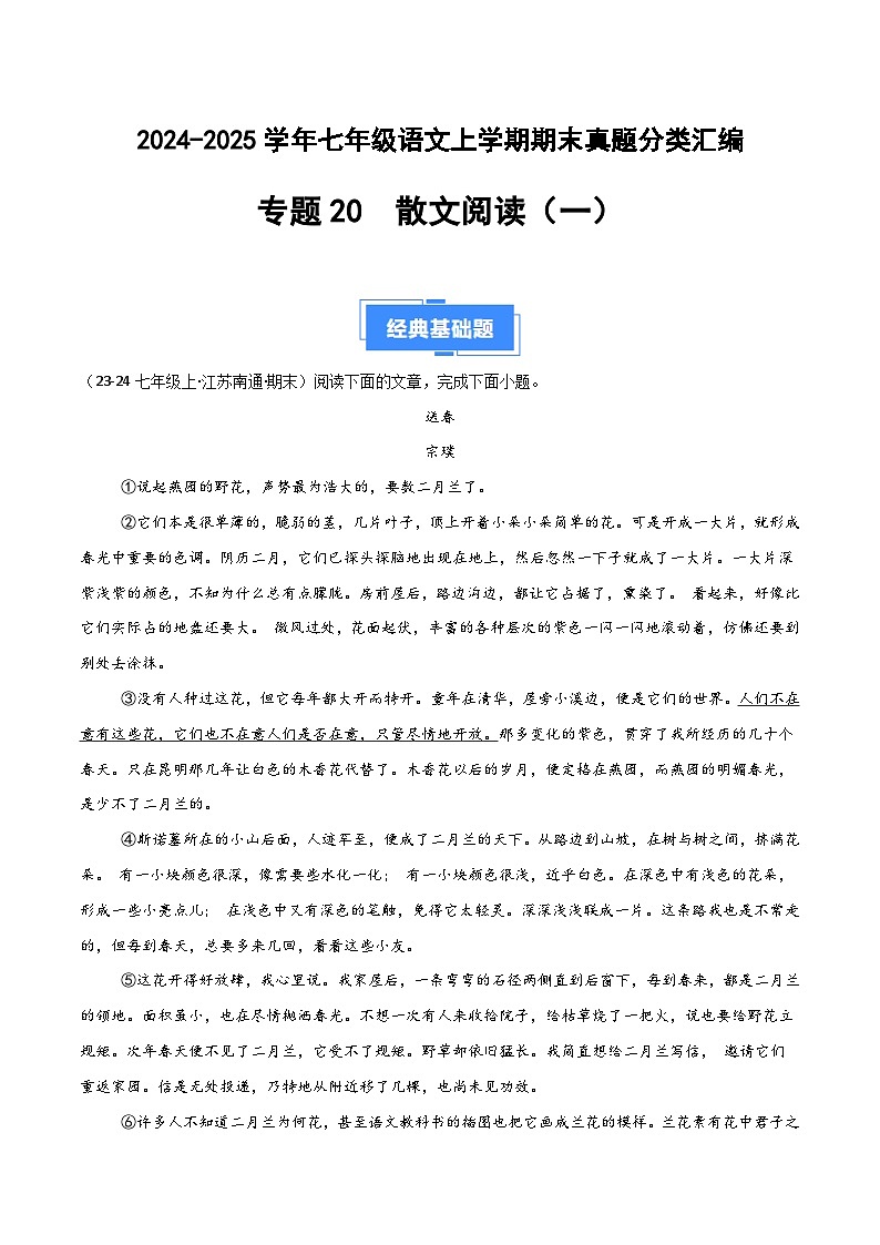 专题20 散文阅读（一）（解析版）2024-2025学年七年级语文上学期期末真题分类汇编第1页