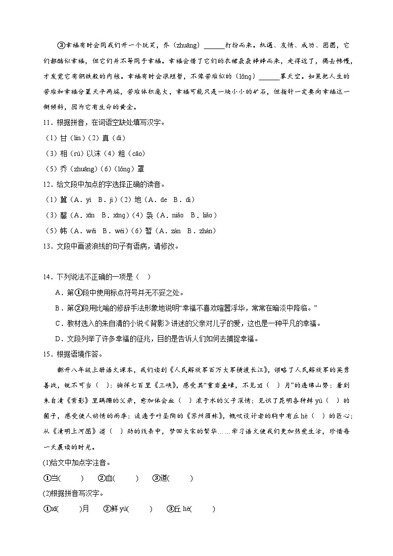 专题01字音、字形、基础知识-2024-2025学年八年级上学期语文期末复习练习（统编版）第3页