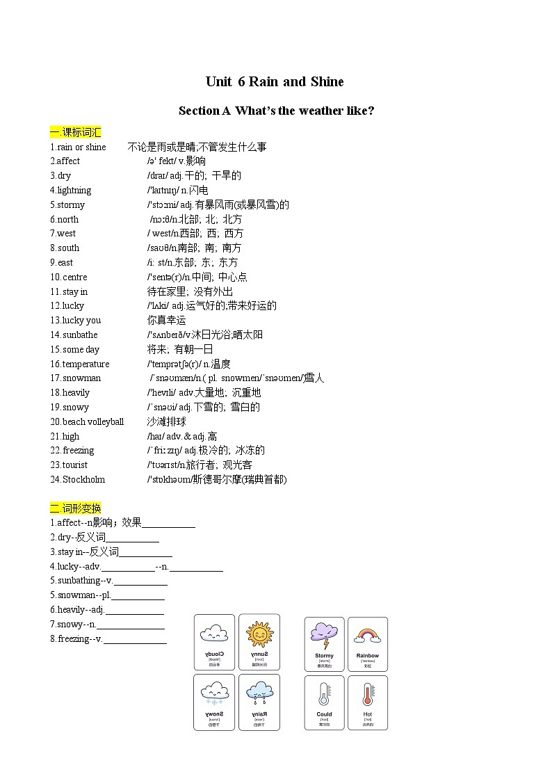 人教版(2024) 初中英语 七年级下册Unit 6-section A重点知识+语法+习题练习 (学生版)第1页