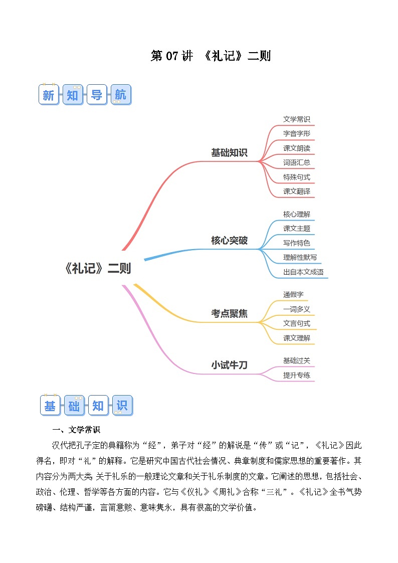 【预习新知】人教版 初中语文 八年级下册 专题知识讲义 第07讲《礼记》二则（原卷版）第1页