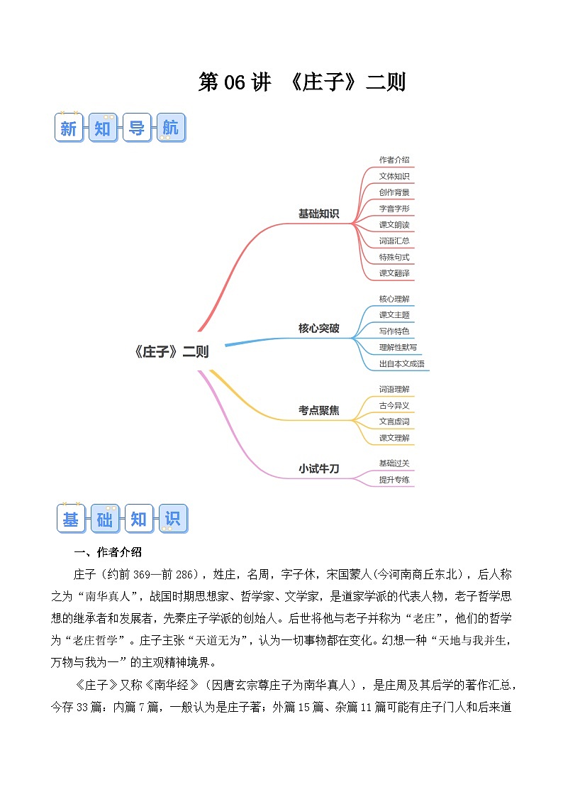 【预习新知】人教版 初中语文 八年级下册 专题知识讲义 第06讲《庄子》二则（原卷版）第1页