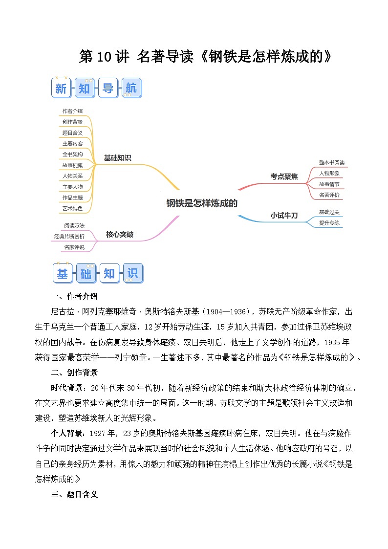 【预习新知】人教版 初中语文 八年级下册 专题知识讲义 第10讲《钢铁是怎样炼成的》（解析版）第1页