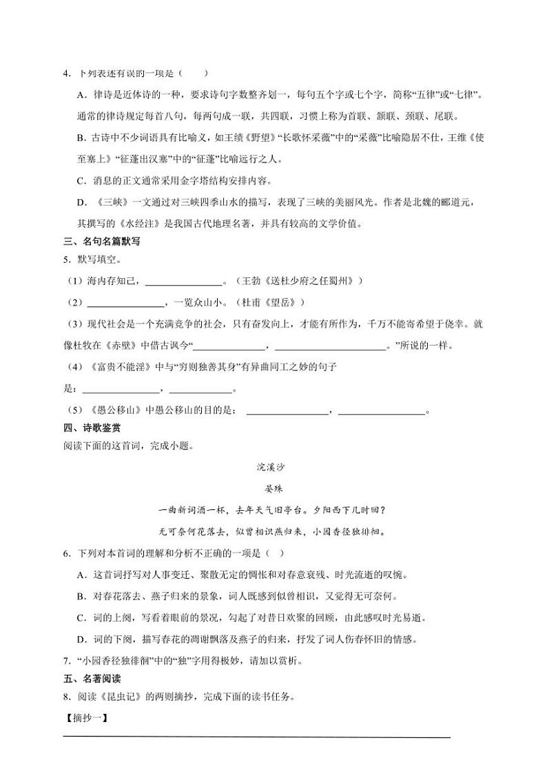 2024～2025学年期末优化练初中语文统编版八年级上册试卷第2页