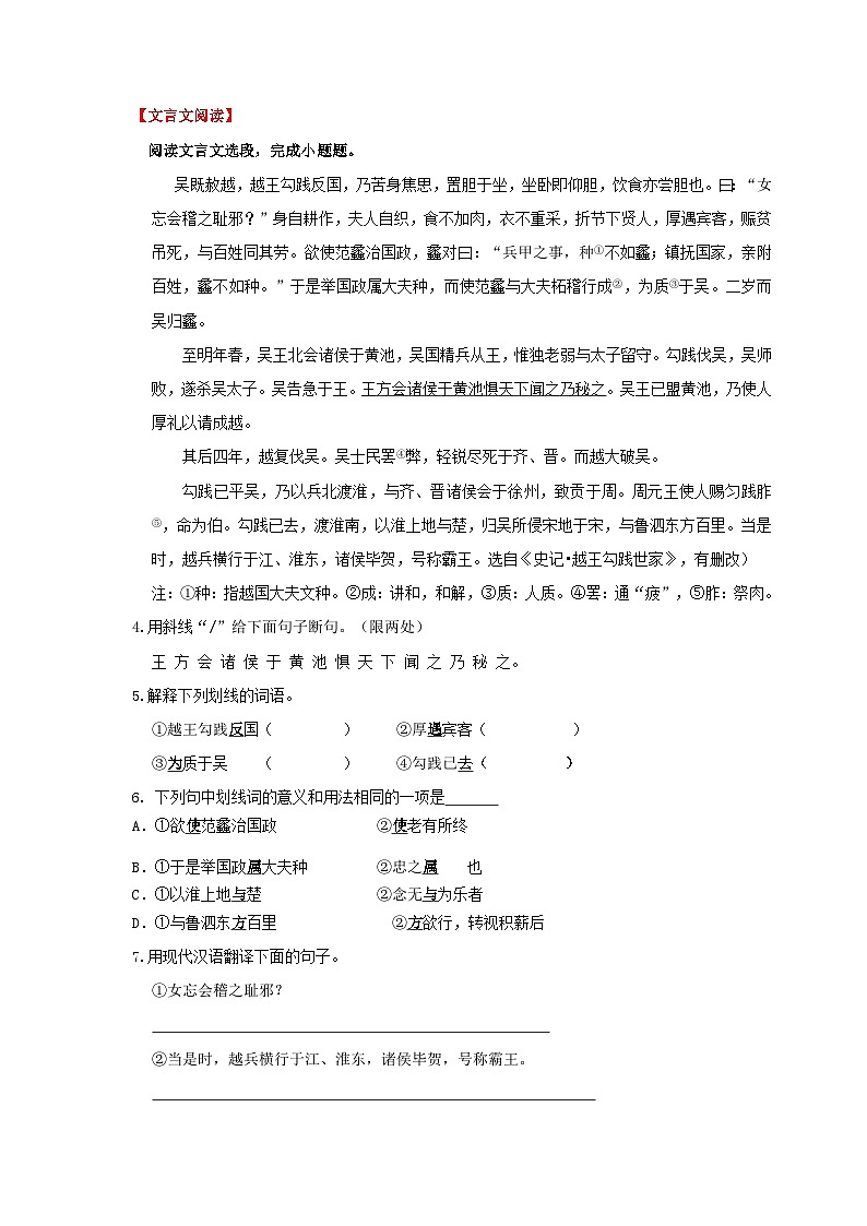 第02讲 九下语文新知+综合训练题+现代文阅读+文言古诗练（原卷版）第3页