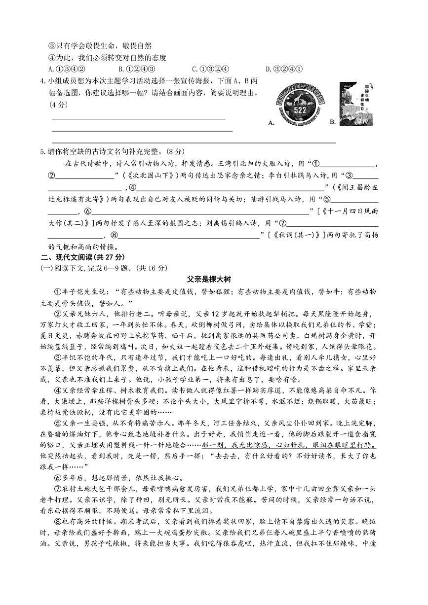 2024～2025学年河南省濮阳市清丰县仙庄镇初级中学七年级(上)12月月考语文试卷(含答案)第2页