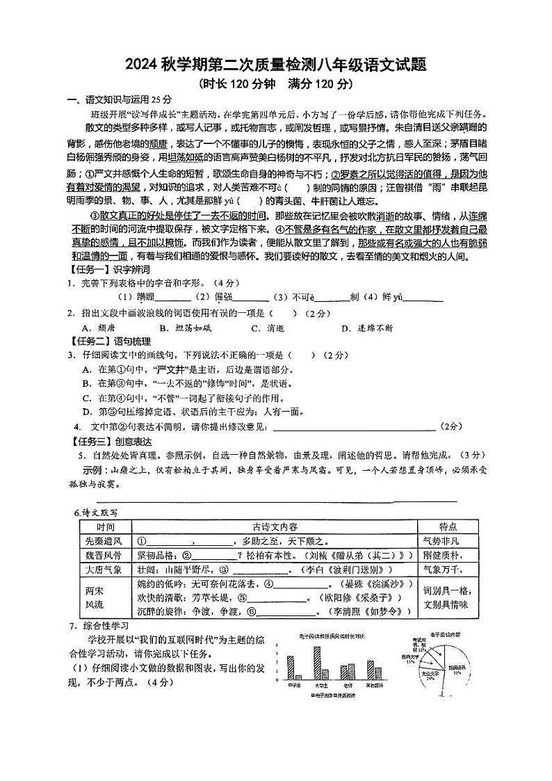 山东省枣庄市峄城区东方学校2024-2025学年八年级上学期12月月考语文试卷第1页