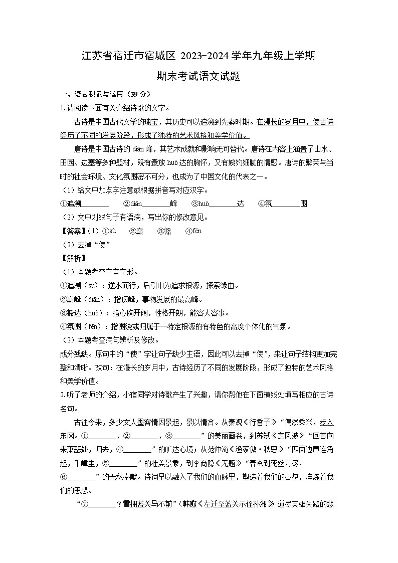江苏省宿迁市宿城区2023-2024学年九年级（上）期末语文试卷（解析版）第1页