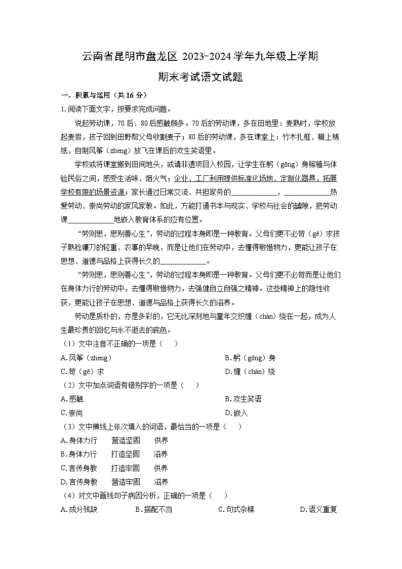 云南省昆明市盘龙区2023-2024学年九年级（上）期末语文试卷（解析版）第1页