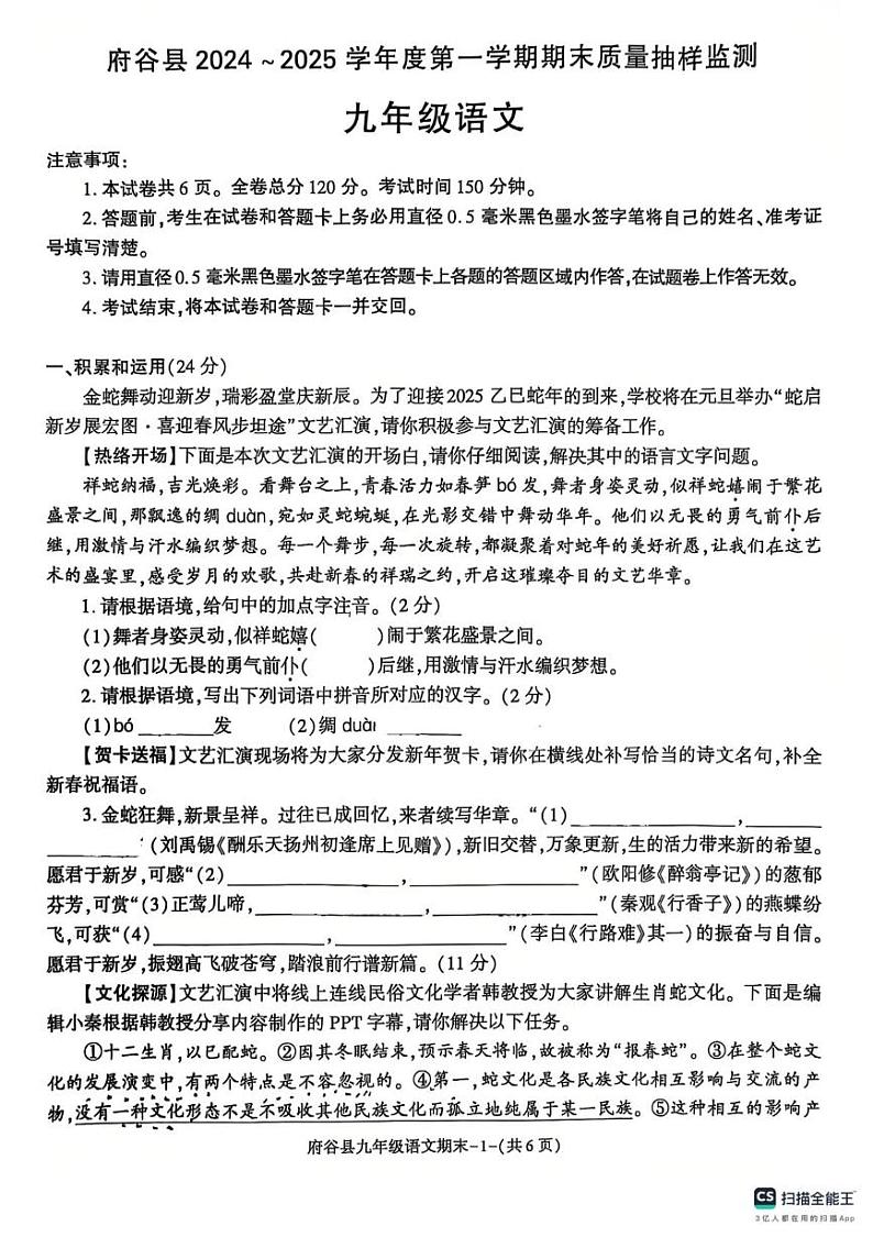 陕西省榆林市府谷县2024-2025学年九年级上学期期末质量抽样检测语文试题第1页