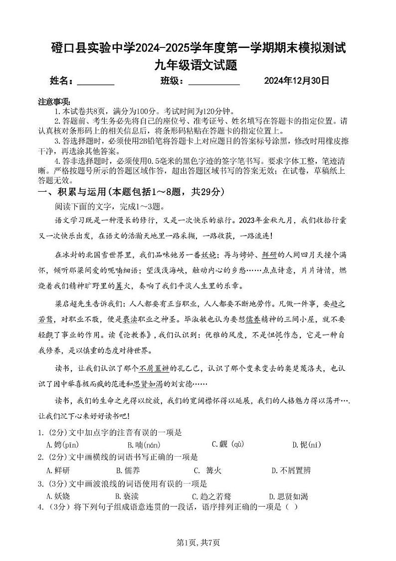 1.九年级语文试题2024年12月期末模拟第1页