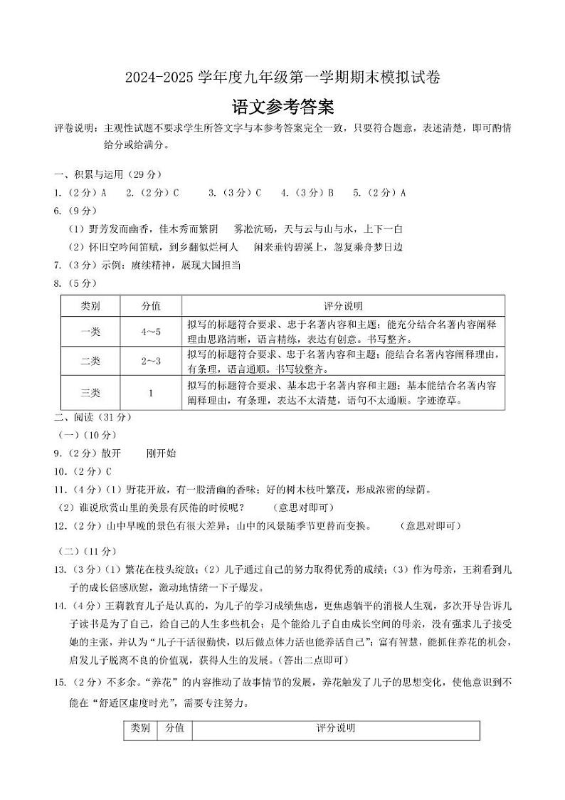 1.九年级语文参考答案2024年12月期末模拟第1页