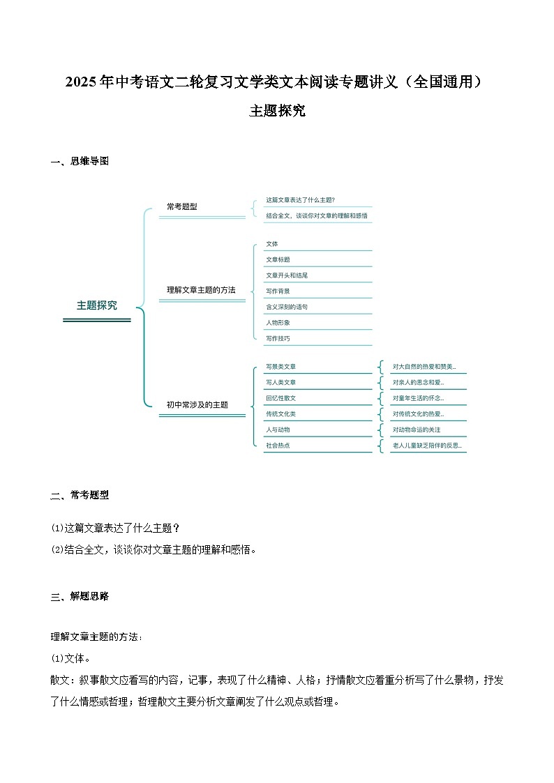 散文阅读——主题探究（教师版）2025年中考语文二轮复习文学类文本阅读专题讲义（全国通用）第1页