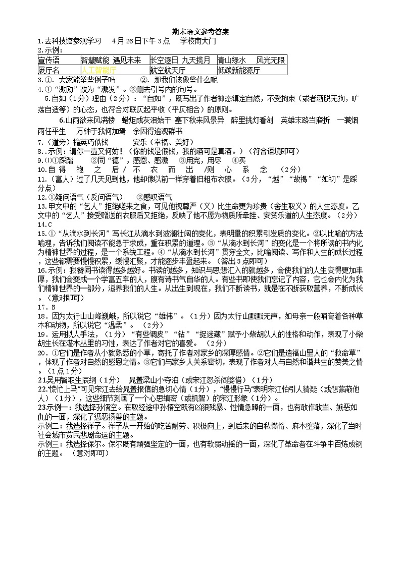 九年级期末监测语文参考答案第1页