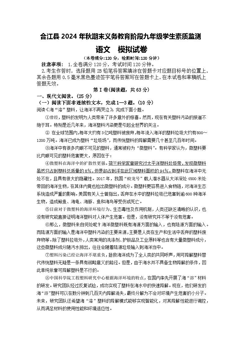 四川省泸州市合江县2024-2025学年九年级上学期期末模拟考试语文试题及答案第1页