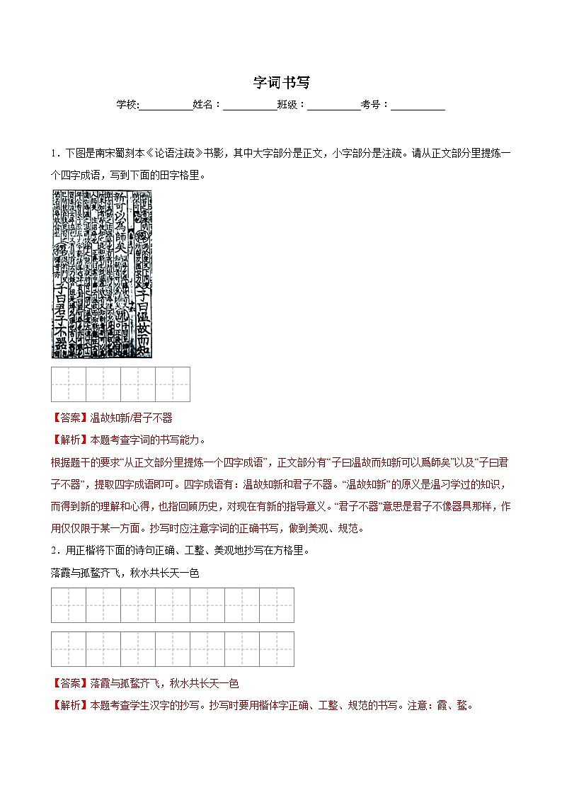 专题09  字词书写（解析版）第1页
