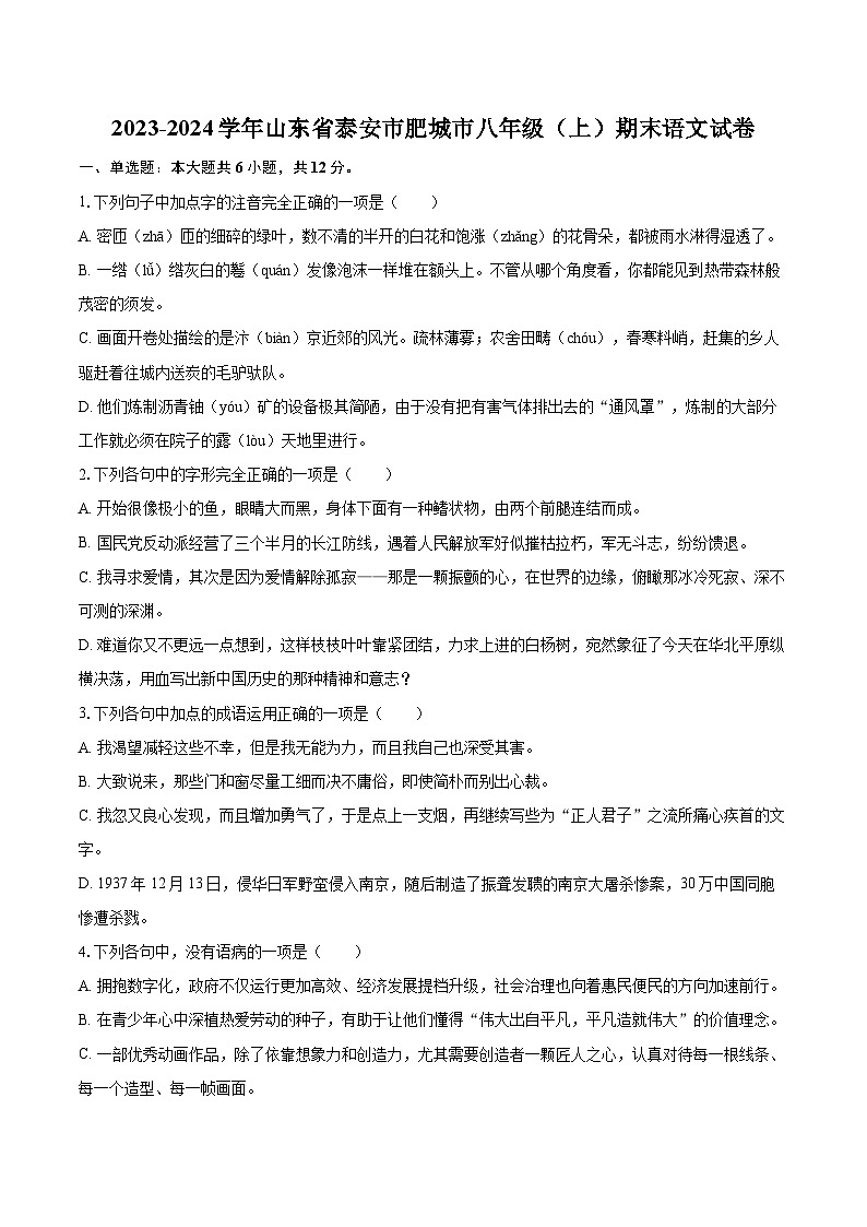 2023-2024学年山东省泰安市肥城市八年级（上）期末语文试卷(含详细答案解析)第1页