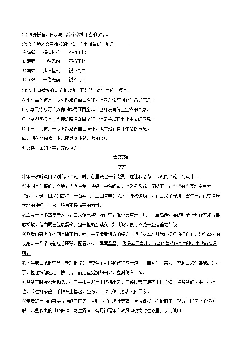 2023-2024学年福建省福州市连江县八年级（上）期末语文试卷(含详细答案解析)第2页