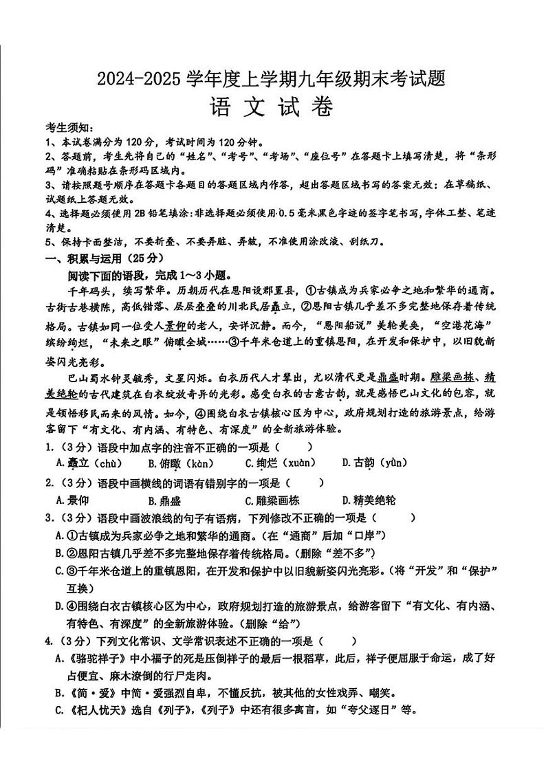 黑龙江省哈尔滨市呼兰区2024-2025学年九年级上学期期末语文试题第1页