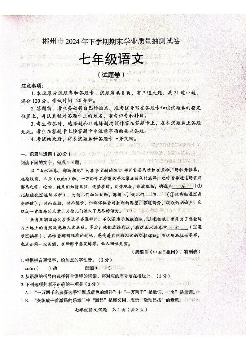 湖南省郴州市2024—2025学年七年级上学期期末考试语文试题第1页