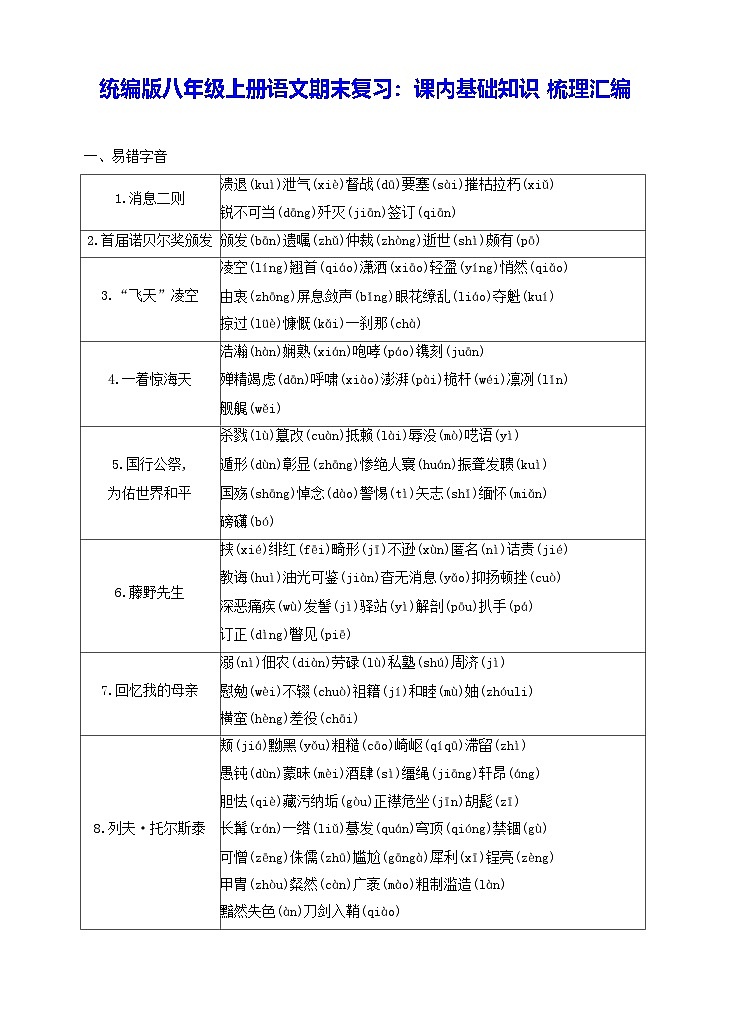 统编版八年级上册语文期末复习：课内基础知识梳理汇编第1页