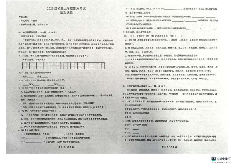 黑龙江省佳木斯市第二十中学2024-2025学年九年级上学期期末测试语文第1页