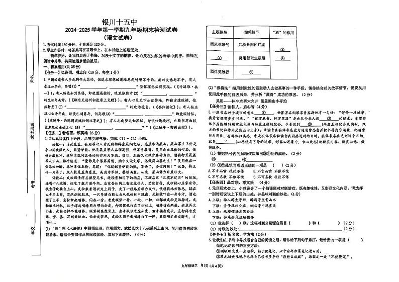 宁夏银川市第十五中学2024-2025学年九年级上学期期末考试语文试题第1页