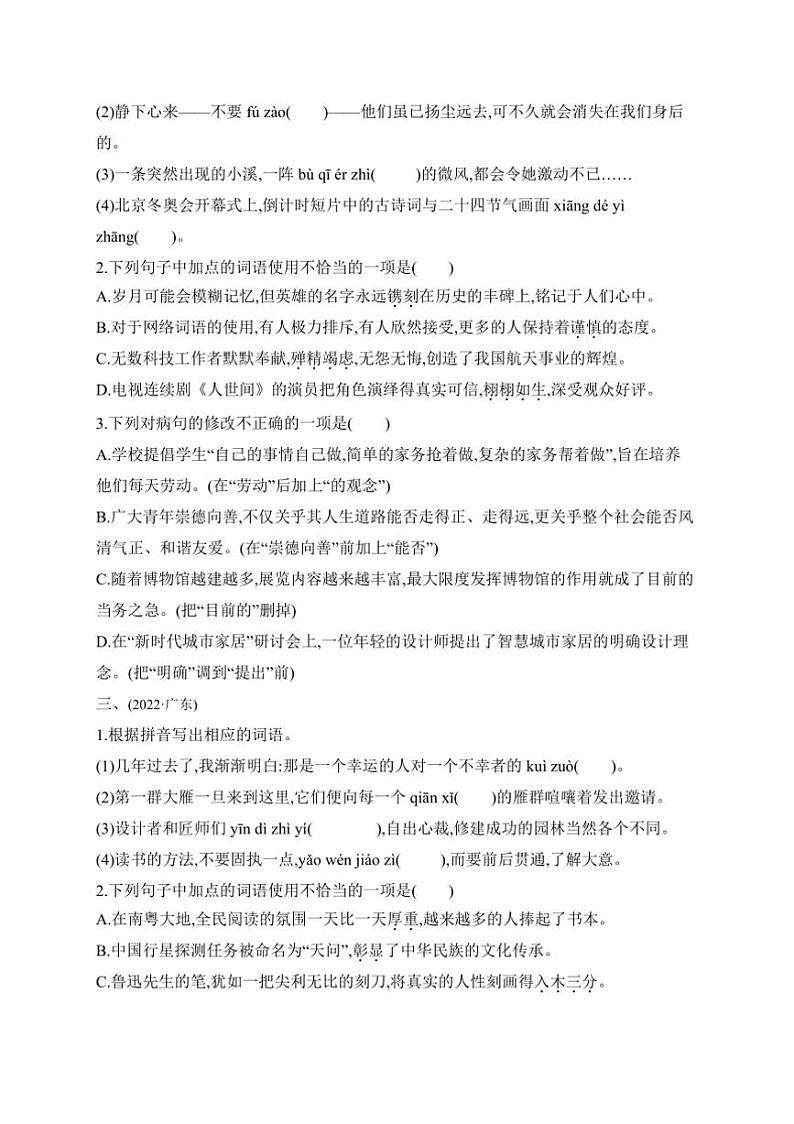 2025年学习任务群二　语言文字积累与梳理任务二：语段综合中考语文一轮考点基础练(广东)试卷(含答案)第2页
